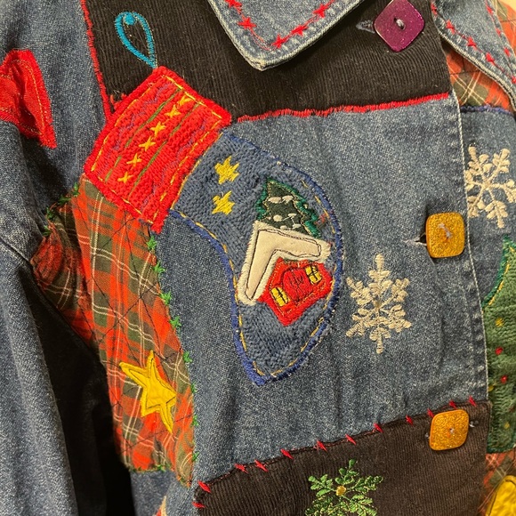 Vintage 90s New Direction Funky Embroidered Christmas Holiday Button Denim Top M - Picture 9 of 12